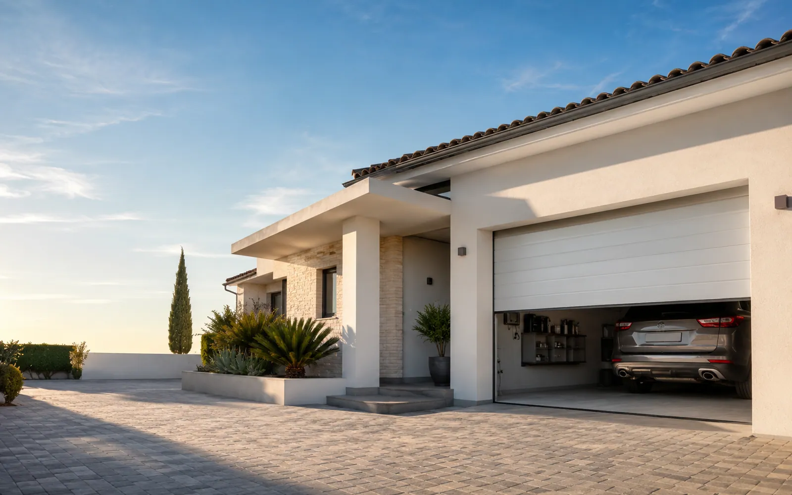 Vivienda unifamiliar española con la puerta de garaje seccional abierta